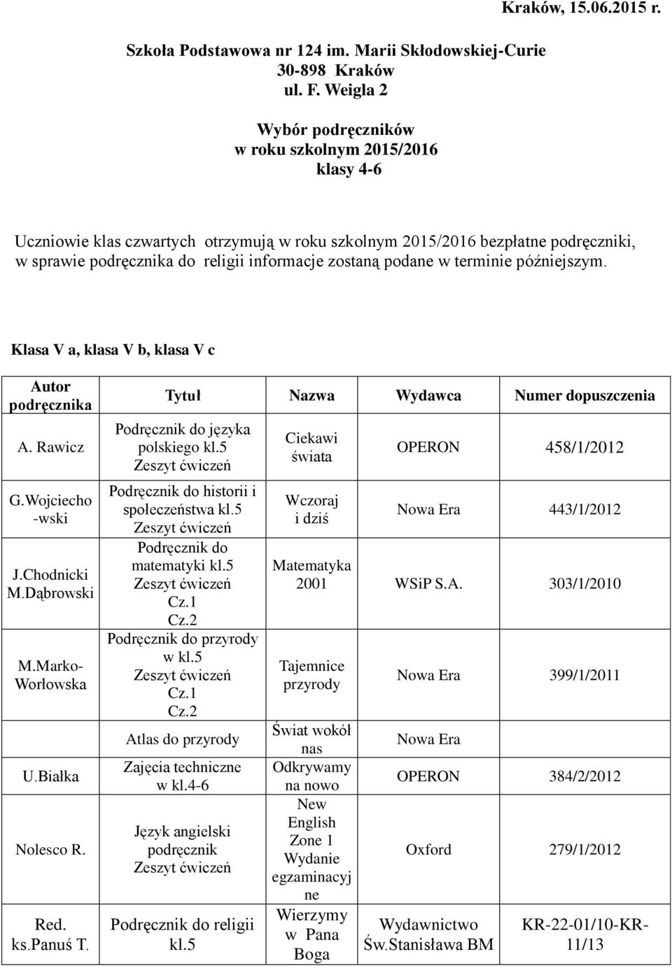 Klasa V a, klasa V b, klasa V c A. Rawicz Nolesco R. Red. ks.panuś T. języka polskiego kl.5 historii i społeczeństwa kl.5 matematyki kl.