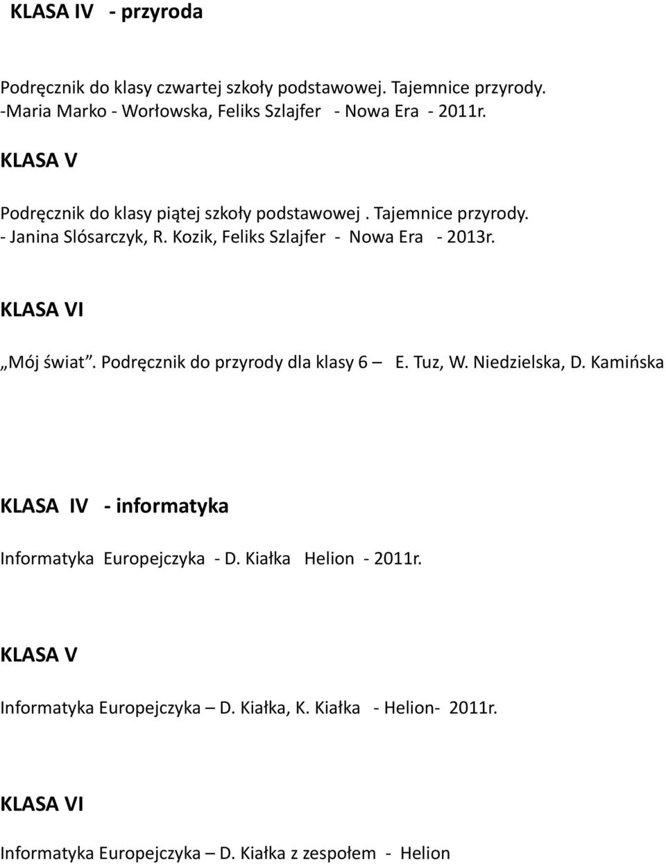 - Janina Slósarczyk, R. Kozik, Feliks Szlajfer - Nowa Era - 2013r. Mój świat. Podręcznik do przyrody dla klasy 6 E. Tuz, W. Niedzielska, D.