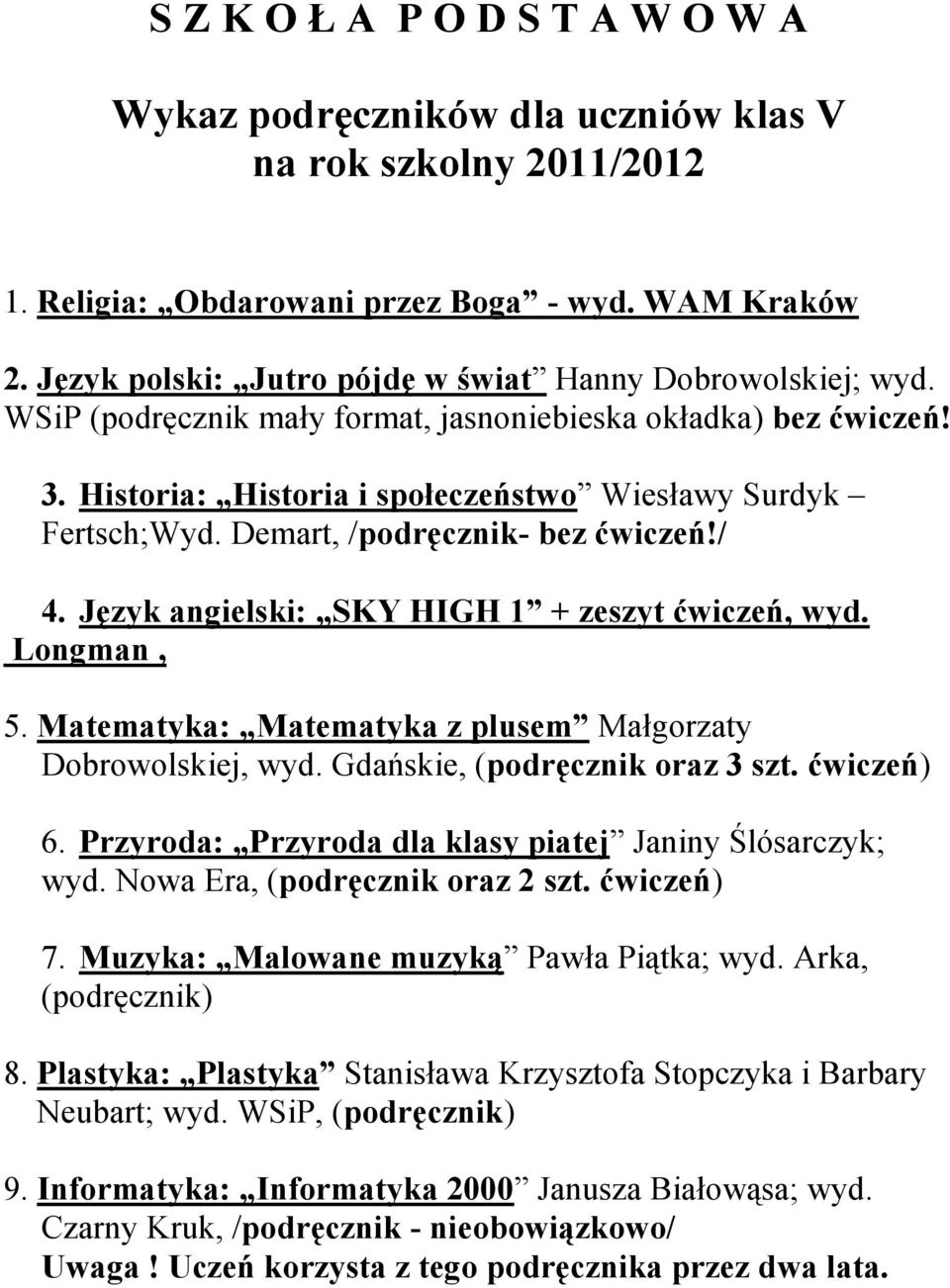 Język angielski: SKY HIGH 1 + zeszyt ćwiczeń, wyd. Longman, 5. Matematyka: Matematyka z plusem Małgorzaty Dobrowolskiej, wyd. Gdańskie, (podręcznik oraz 3 szt. ćwiczeń) 6.