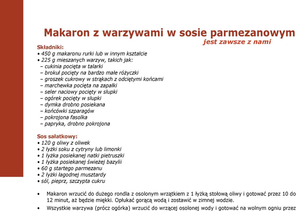 drobno pokrojona Sos sałatkowy: 120 g oliwy z oliwek 2 łyżki soku z cytryny lub limonki 1 łyżka posiekanej natki pietruszki 1 łyżka posiekanej świeżej bazylii 60 g startego parmezanu 2 łyżki łagodnej