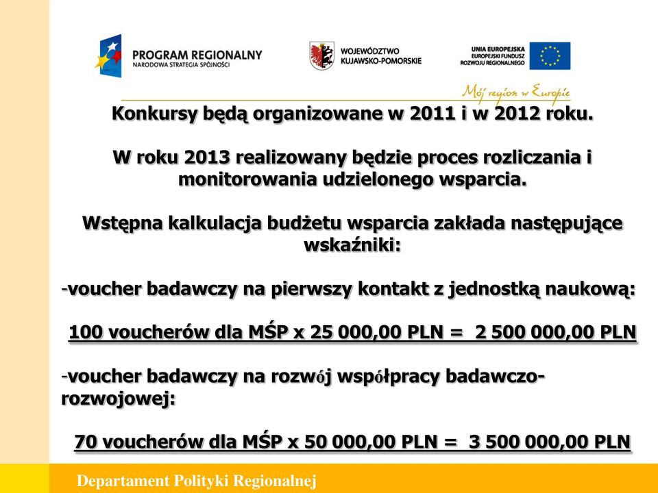 Wstępna kalkulacja budżetu wsparcia zakłada następujące wskaźniki: -voucher badawczy na pierwszy kontakt z