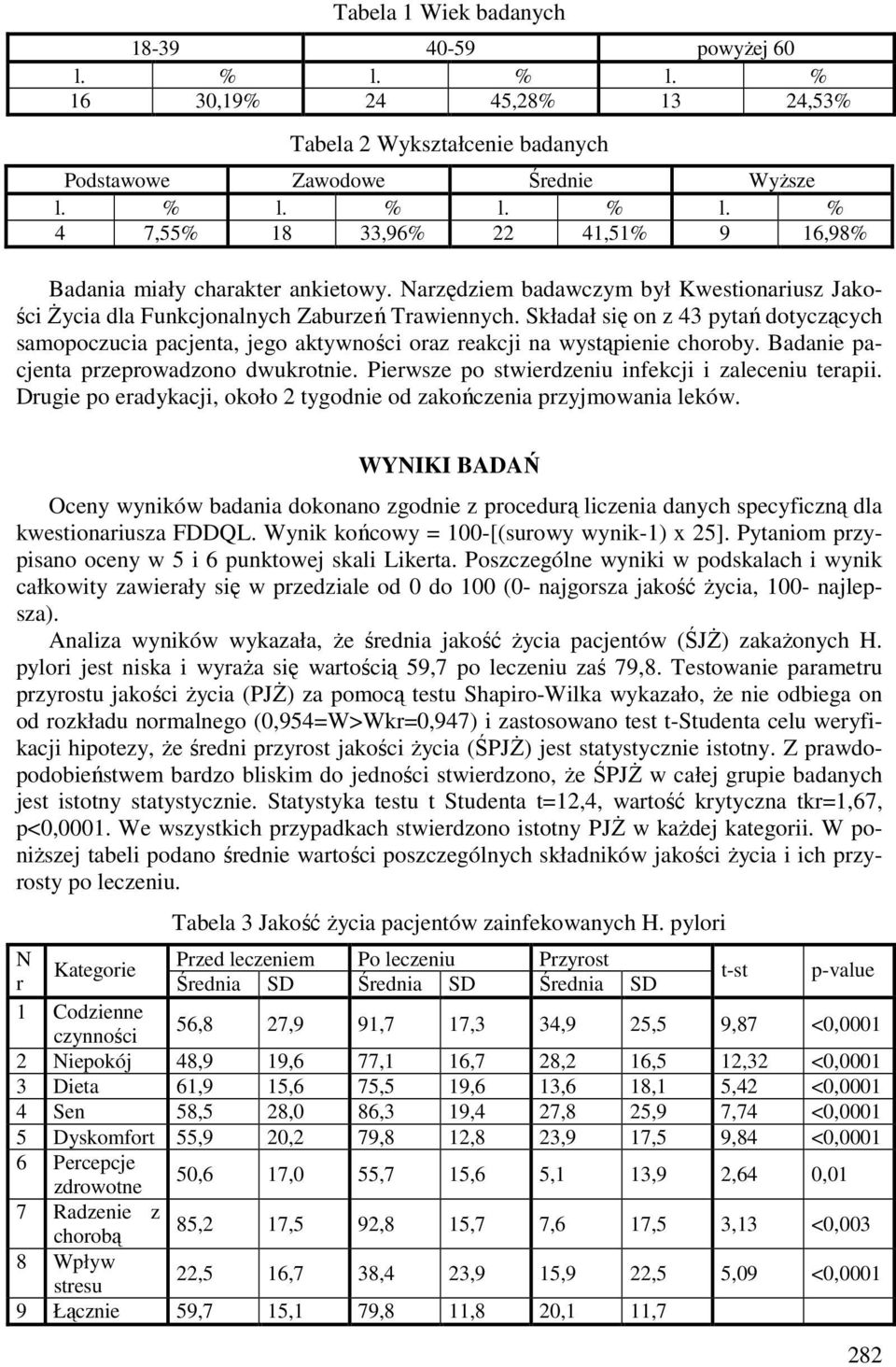 Składał się on z 43 pytań dotyczących samopoczucia pacjenta, jego aktywności oraz reakcji na wystąpienie choroby. Badanie pacjenta przeprowadzono dwukrotnie.