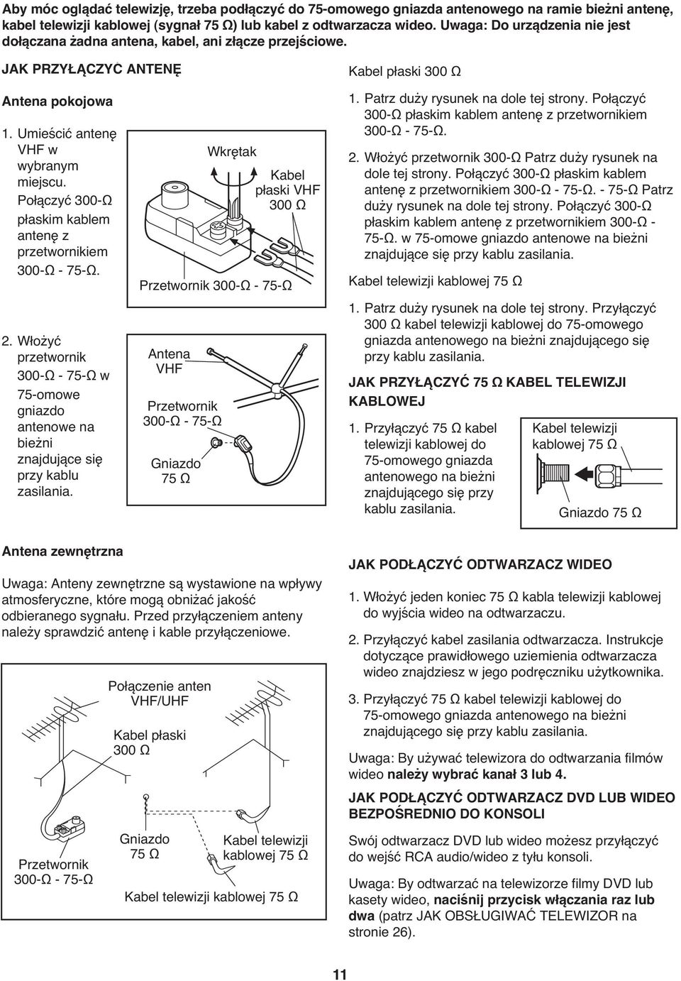 Połączyć 00-Ω płaskim kablem antenę z przetwornikiem 00-Ω - 75-Ω. 2. Włożyć przetwornik 00-Ω - 75-Ω w 75-omowe gniazdo antenowe na bieżni znajdujące się przy kablu zasilania.