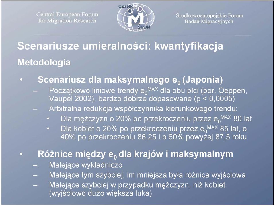 0 MAX 80 lat Dla kobiet o 20% po przekroczeniu przez e 0 MAX 85 lat, o 40% po przekroczeniu 86,25 i o 60% powyżej 87,5 roku Różnice między e 0 dla krajów i