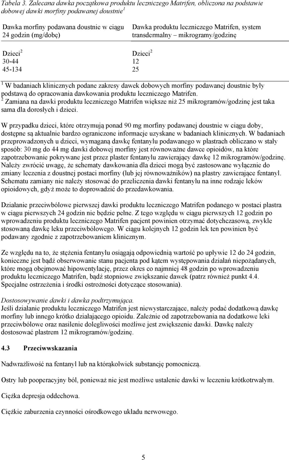 leczniczego Matrifen, system transdermalny mikrogramy/godzinę Dzieci 2 Dzieci 2 30-44 12 45-134 25 1 W badaniach klinicznych podane zakresy dawek dobowych morfiny podawanej doustnie były podstawą do