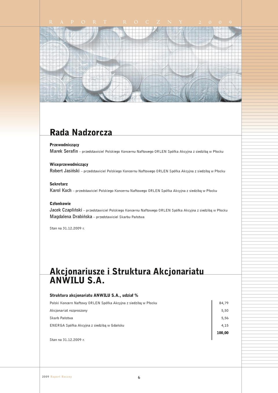 Polskiego Koncernu Naftowego ORLEN Spółka Akcyjna z siedzibą w Płocku Magdalena Drabińska przedstawiciel Skarbu Państwa Stan na 31.12.2009 r. Akcjonariusze i Struktura Akcjonariatu ANWILU S.A. Struktura akcjonariatu ANWILU S.