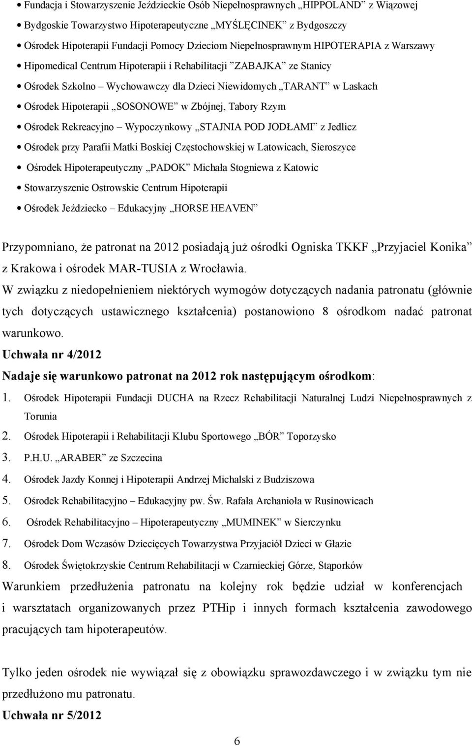 SOSONOWE w Zbójnej, Tabory Rzym Ośrodek Rekreacyjno Wypoczynkowy STAJNIA POD JODŁAMI z Jedlicz Ośrodek przy Parafii Matki Boskiej Częstochowskiej w Latowicach, Sieroszyce Ośrodek Hipoterapeutyczny