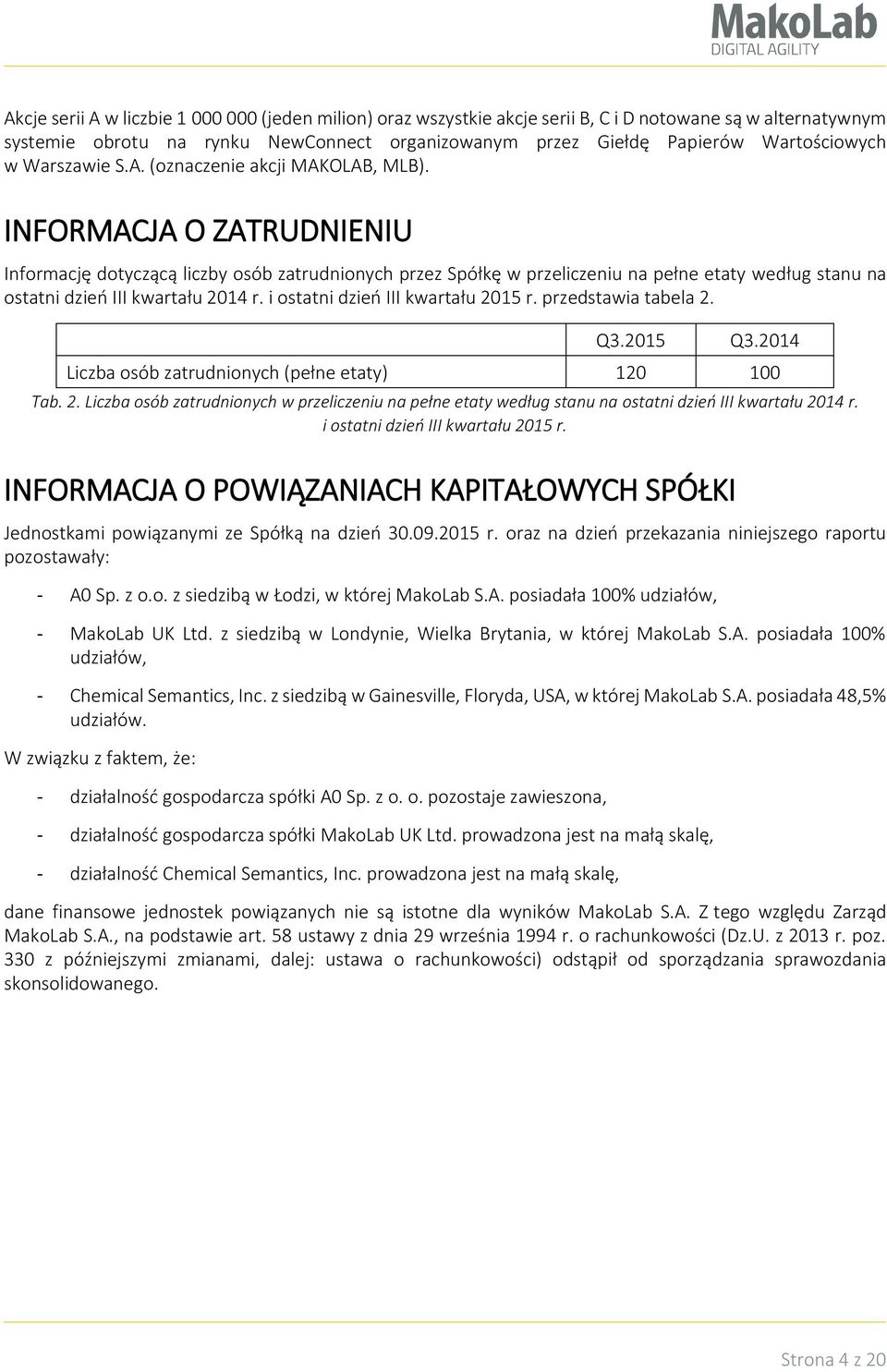 INFORMACJA O ZATRUDNIENIU Informację dotyczącą liczby osób zatrudnionych przez Spółkę w przeliczeniu na pełne etaty według stanu na ostatni dzień III kwartału 2014 r.