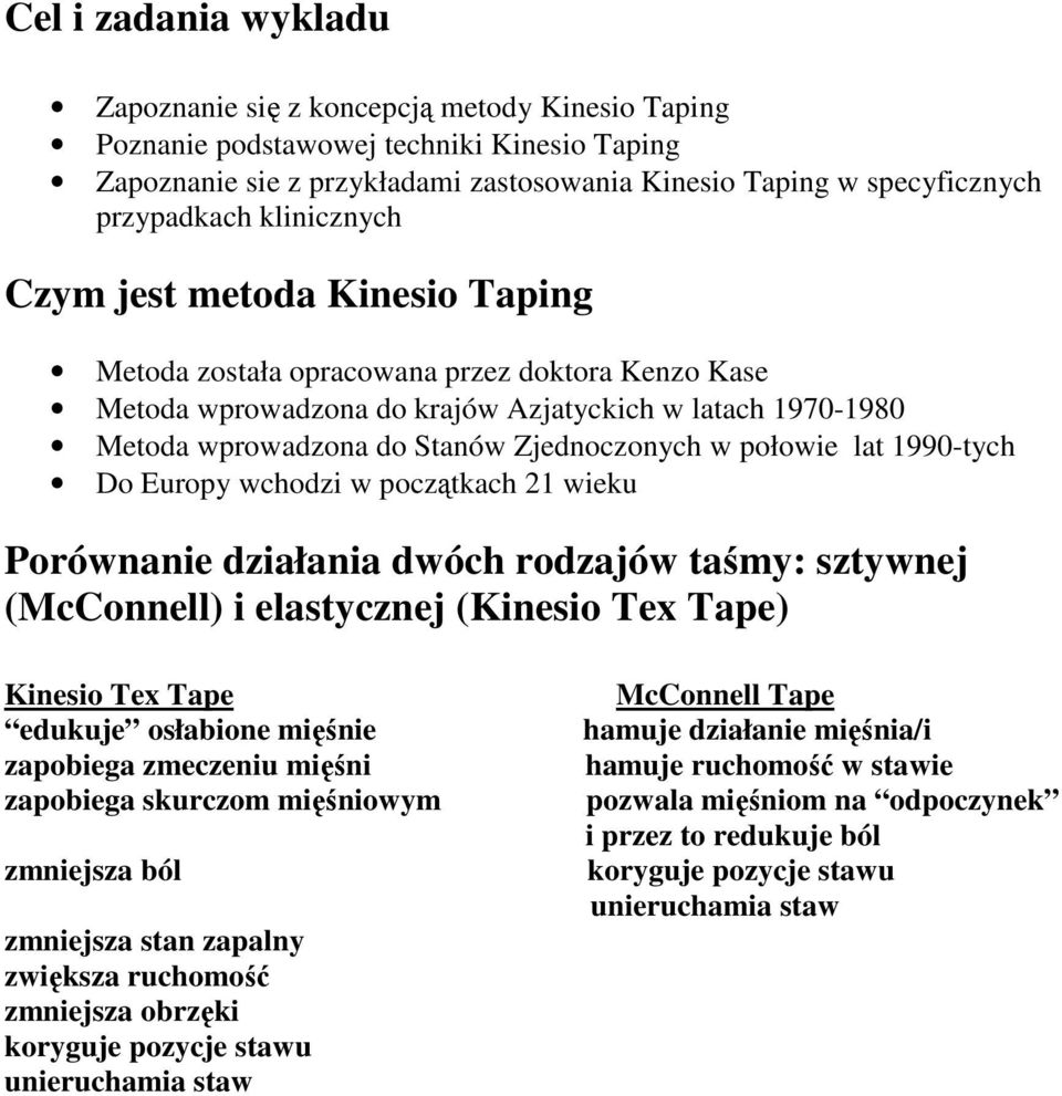 Zjednoczonych w połowie lat 1990-tych Do Europy wchodzi w początkach 21 wieku Porównanie działania dwóch rodzajów taśmy: sztywnej (McConnell) i elastycznej (Kinesio Tex Tape) Kinesio Tex Tape edukuje