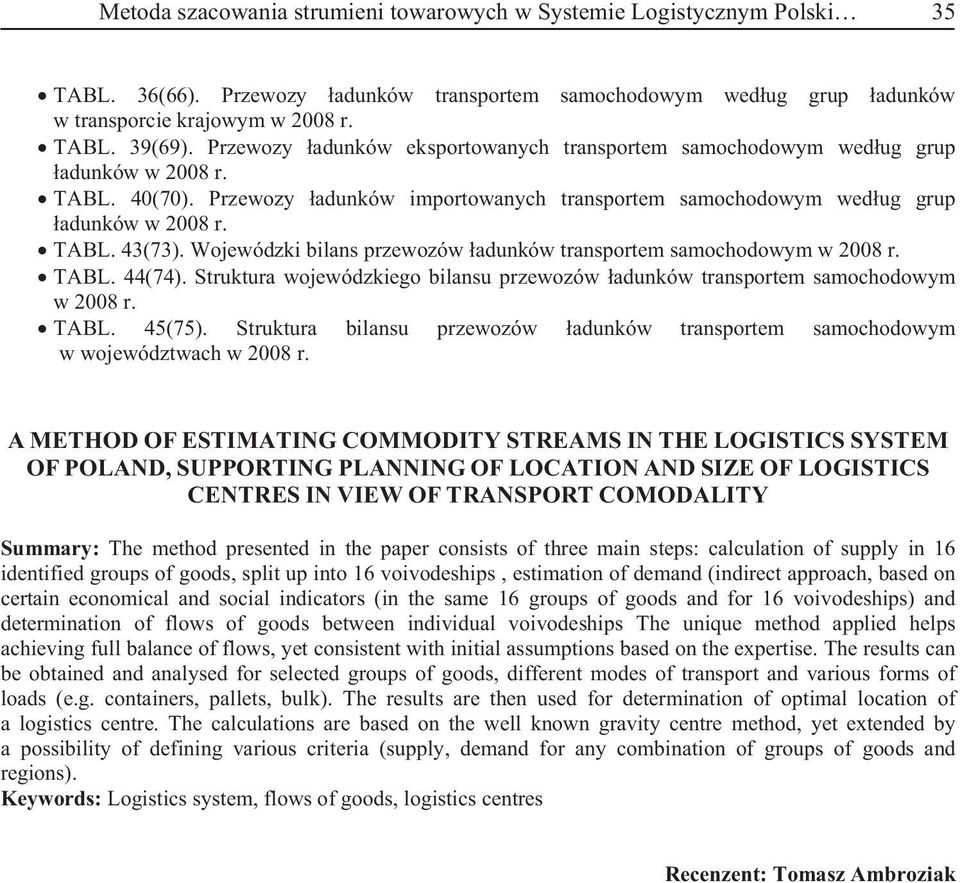 bilans przewozów adunków transportem samochodowym w 2008 r TABL 44(74) Struktura wojewódzkiego bilansu przewozów adunków transportem samochodowym w 2008 r TABL 45(75) Struktura bilansu przewozów