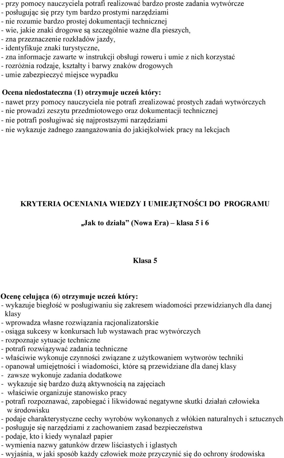 rozróżnia rodzaje, kształty i barwy znaków drogowych - umie zabezpieczyć miejsce wypadku Ocena niedostateczna (1) otrzymuje uczeń który: - nawet przy pomocy nauczyciela nie potrafi zrealizować