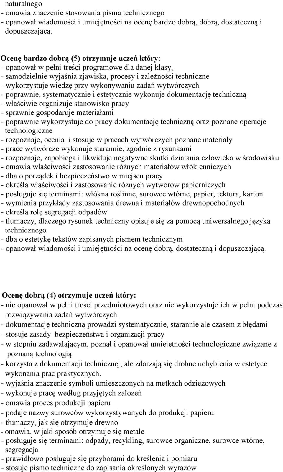 wykonywaniu zadań wytwórczych - poprawnie, systematycznie i estetycznie wykonuje dokumentację techniczną - sprawnie gospodaruje materiałami - poprawnie wykorzystuje do pracy dokumentację techniczną