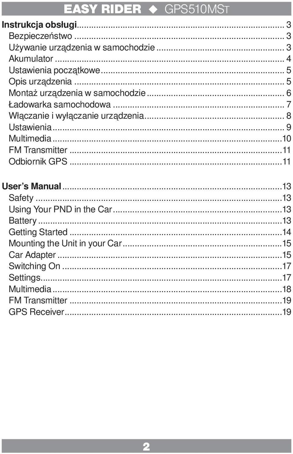 .. 9 Multimedia...10 FM Transmitter...11 Odbiornik GPS...11 User s Manual...13 Safety...13 Using Your PND in the Car...13 Battery.