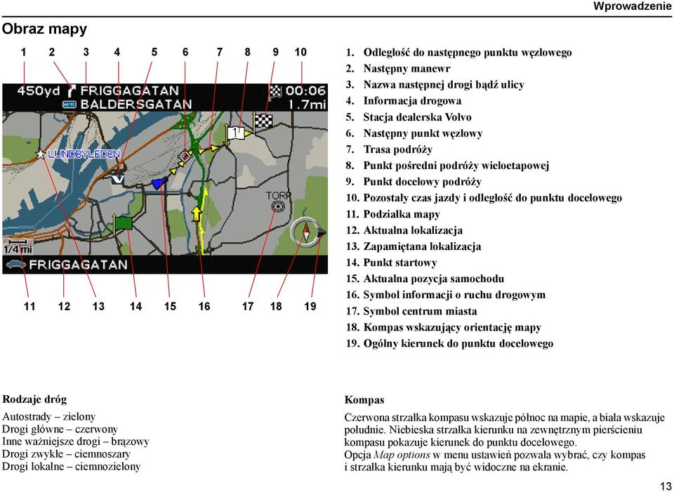 Podziałka mapy 12. Aktualna lokalizacja 13. Zapamiętana lokalizacja 14. Punkt startowy 15. Aktualna pozycja samochodu 16. Symbol informacji o ruchu drogowym 17. Symbol centrum miasta 18.