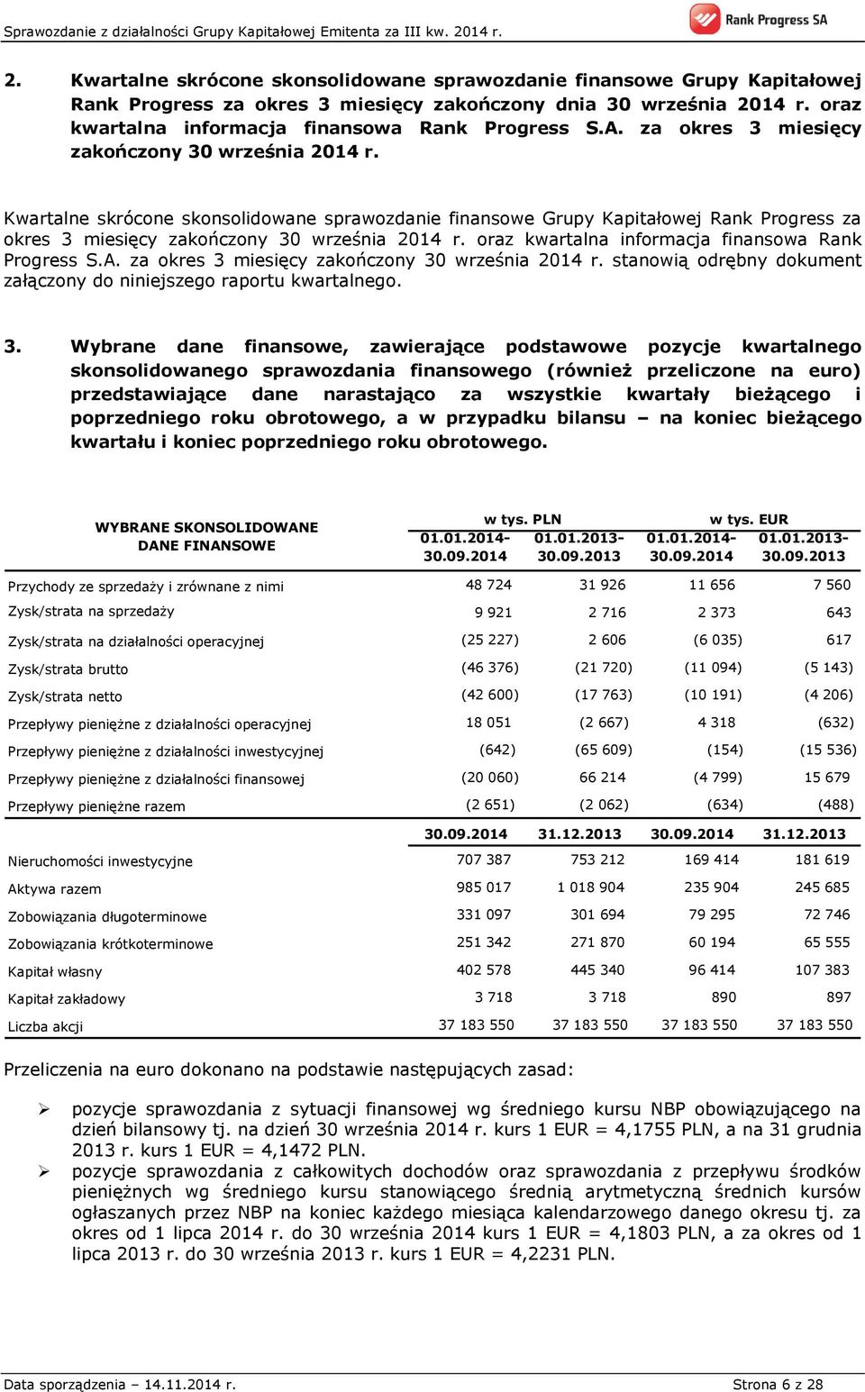 oraz kwartalna informacja finansowa Rank Progress S.A. za okres 3 