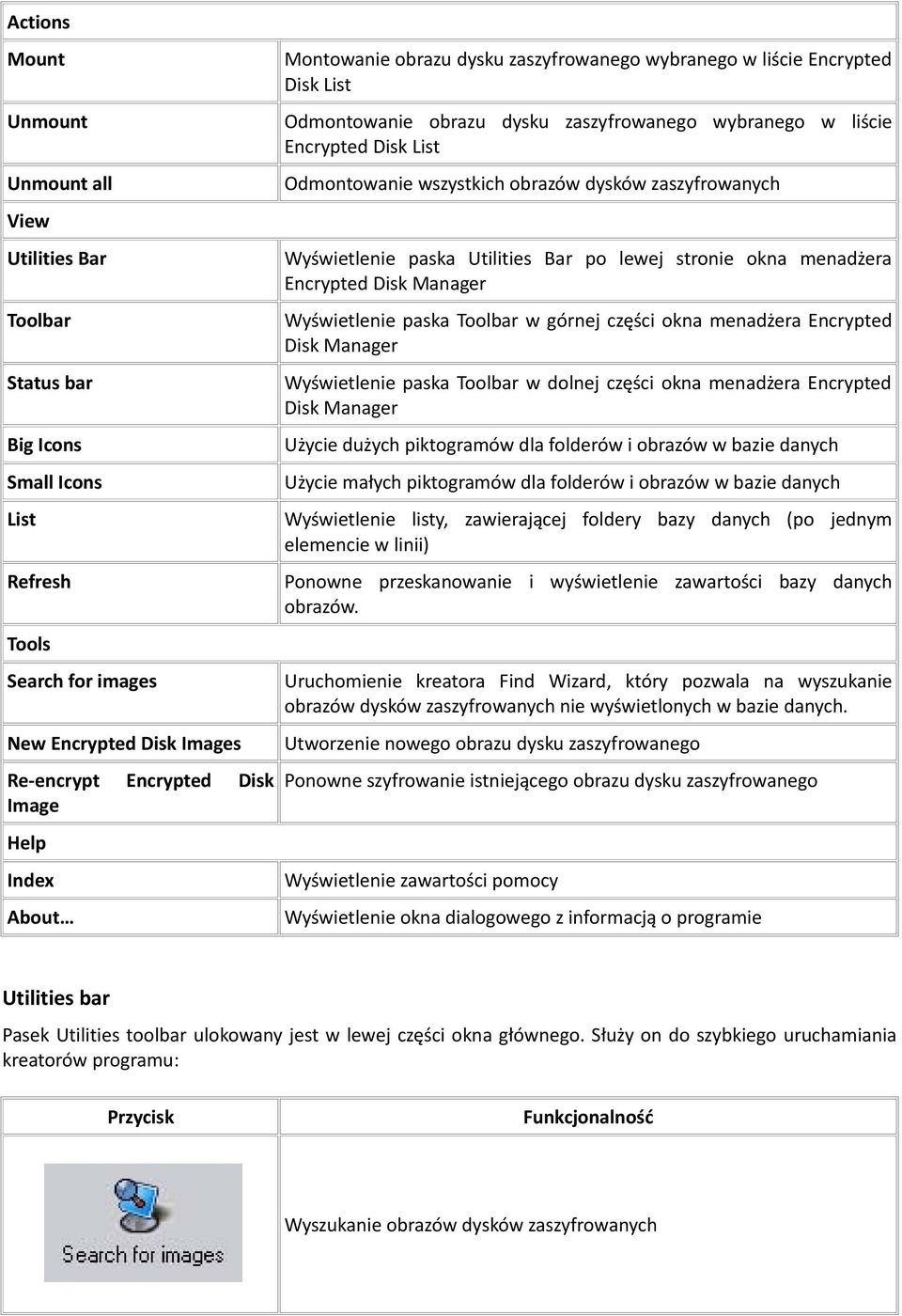 dysków zaszyfrowanych Wyświetlenie paska Utilities Bar po lewej stronie okna menadżera Encrypted Disk Manager Wyświetlenie paska Toolbar w górnej części okna menadżera Encrypted Disk Manager