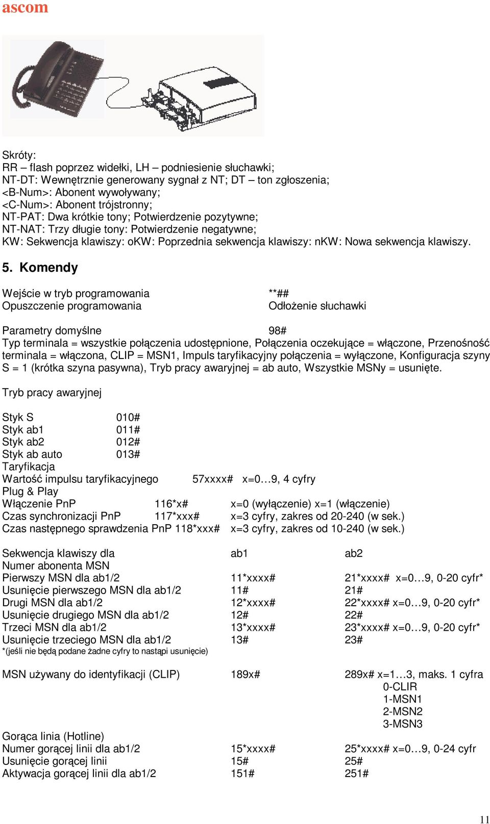 Komendy Wejcie w tryb programowania **## Opuszczenie programowania Odłoenie słuchawki Parametry domylne 98# Typ terminala = wszystkie połczenia udostpnione, Połczenia oczekujce = włczone, Przenono