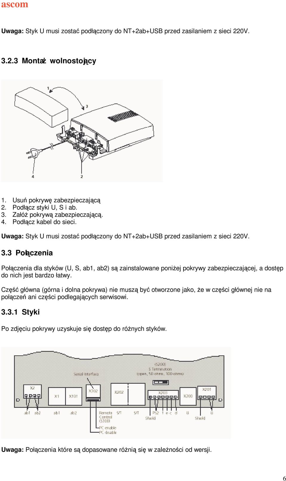 3 Połczenia Połczenia dla styków (U, S, ab1, ab2) s zainstalowane poniej pokrywy zabezpieczajcej, a dostp do nich jest bardzo łatwy.