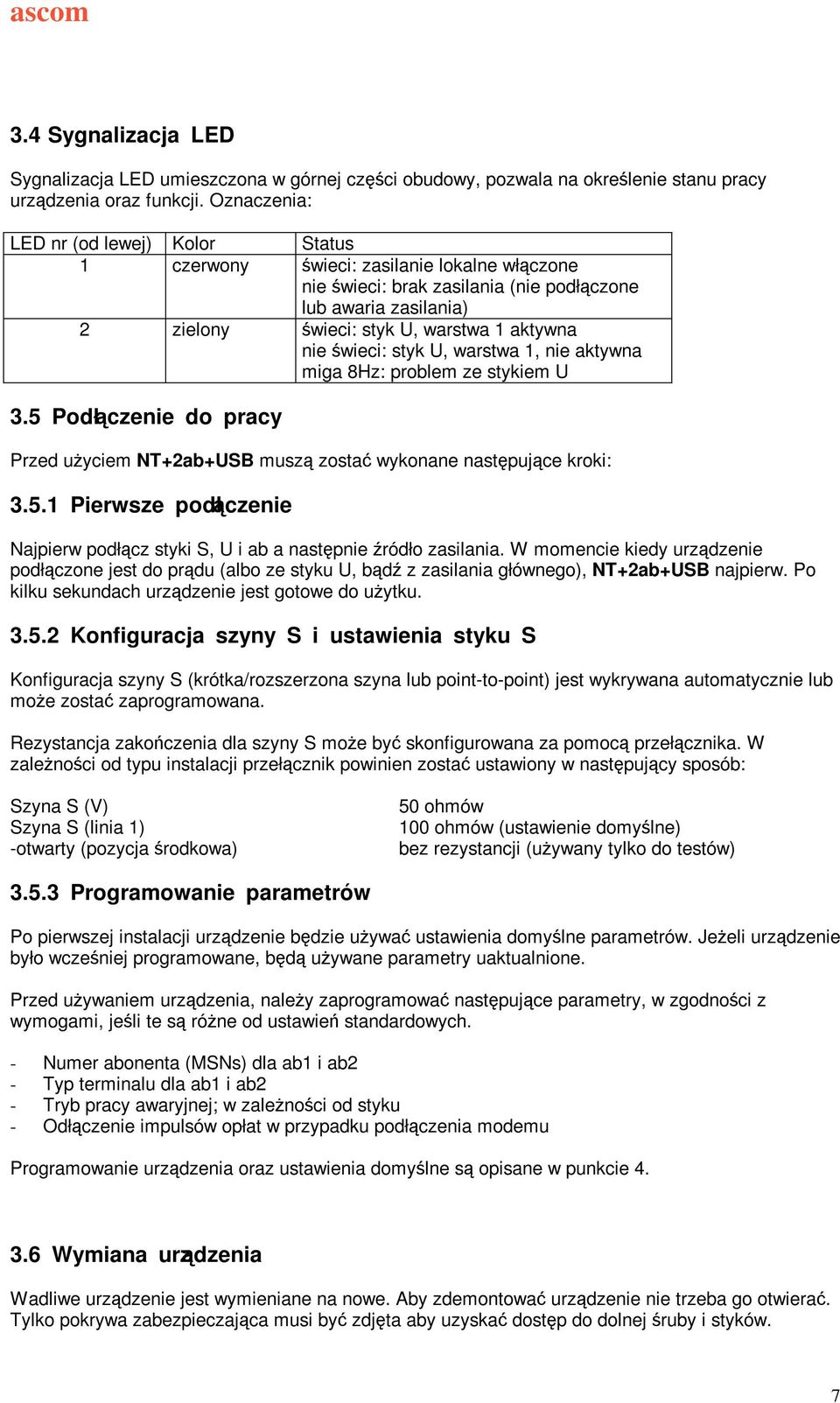 wieci: styk U, warstwa 1, nie aktywna miga 8Hz: problem ze stykiem U 3.5 Podłczenie do pracy Przed uyciem NT+2ab+USB musz zosta wykonane nastpujce kroki: 3.5.1 Pierwsze podłczenie Najpierw podłcz styki S, U i ab a nastpnie ródło zasilania.