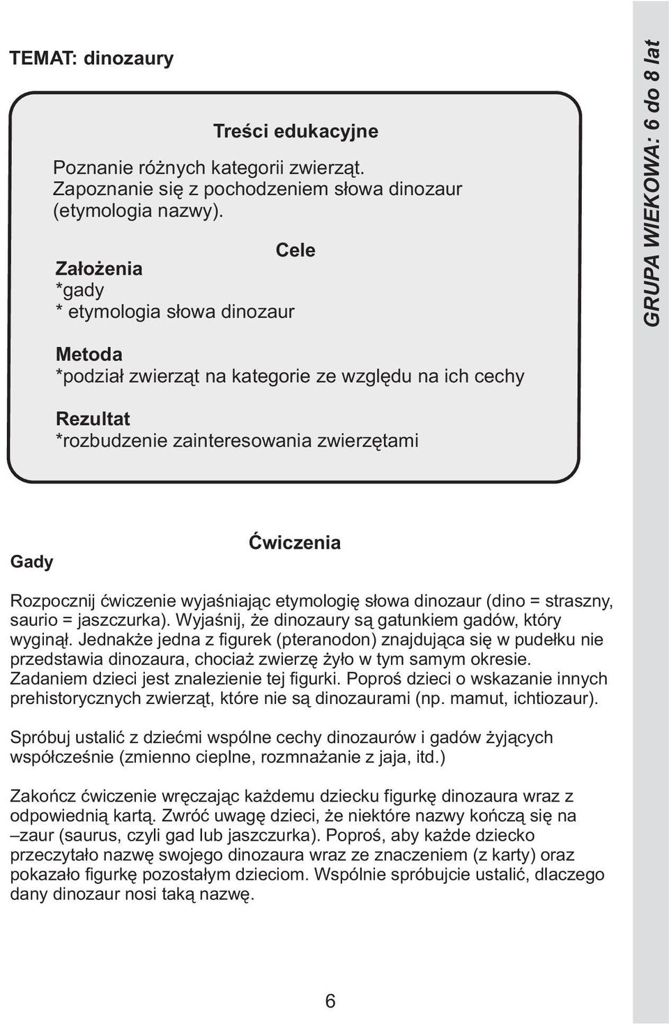 etymologię słowa dinozaur (dino = straszny, saurio = jaszczurka). Wyjaśnij, że dinozaury są gatunkiem gadów, który wyginął.