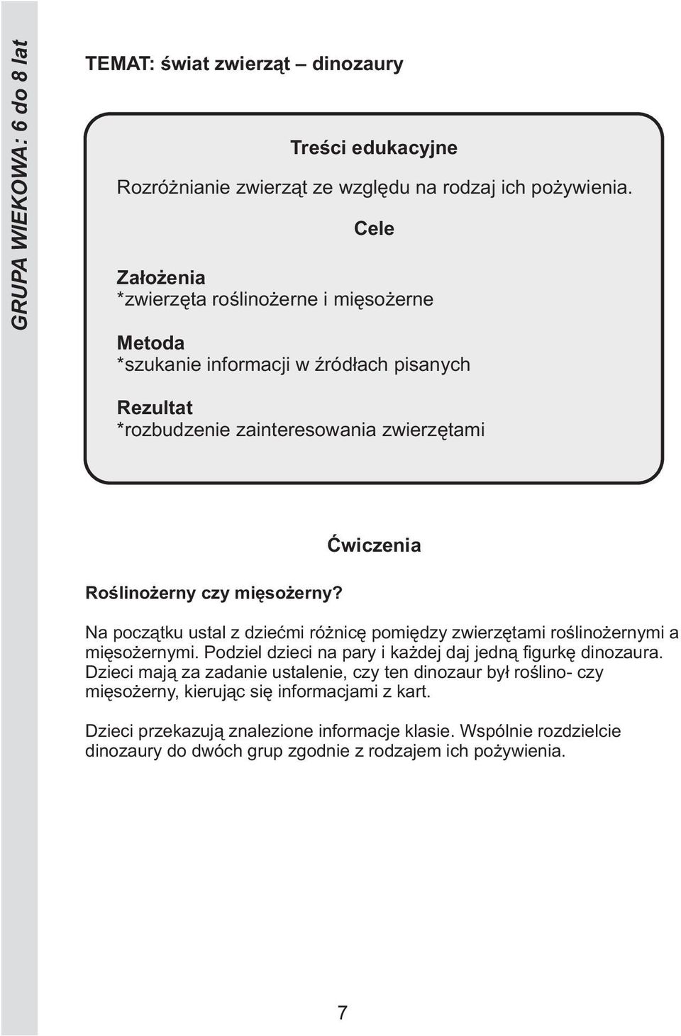 Na początku ustal z dziećmi różnicę pomiędzy zwierzętami roślinożernymi a mięsożernymi. Podziel dzieci na pary i każdej daj jedną figurkę dinozaura.