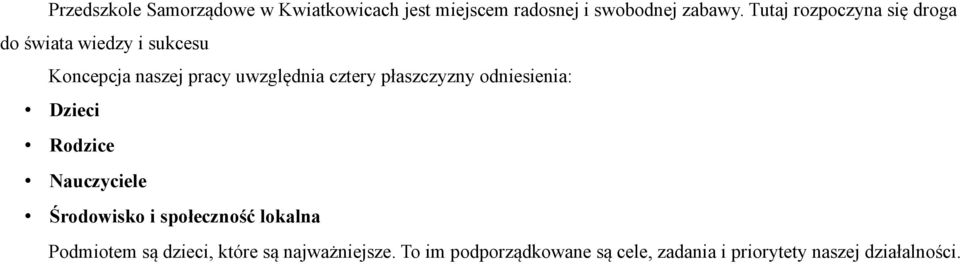 płaszczyzny odniesienia: Dzieci Rodzice Nauczyciele Środowisko i społeczność lokalna Podmiotem