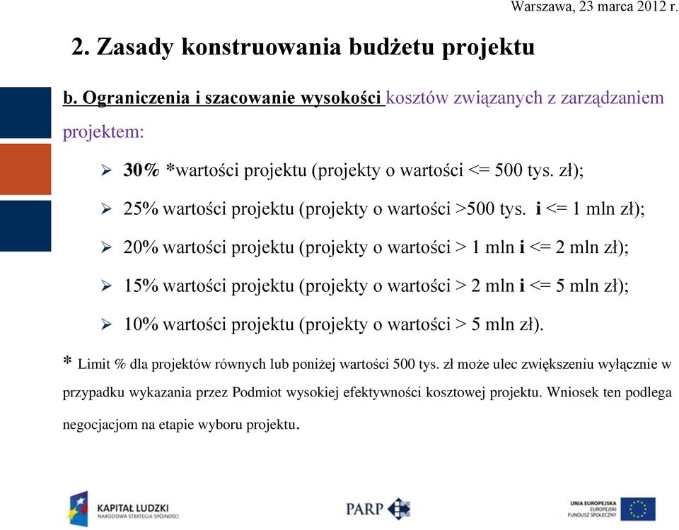 i <= 1 mln zł); 20% wartości projektu (projekty o wartości > 1 mln i <= 2 mln zł); 15% wartości projektu (projekty o wartości > 2 mln i <= 5 mln zł); 10% wartości projektu