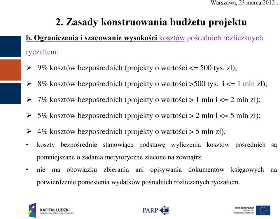 i <= 1 mln zł); 7% kosztów bezpośrednich (projekty o wartości > 1 mln i <= 2 mln zł); 5% kosztów bezpośrednich (projekty o wartości > 2 mln i <= 5 mln zł); 4% kosztów bezpośrednich