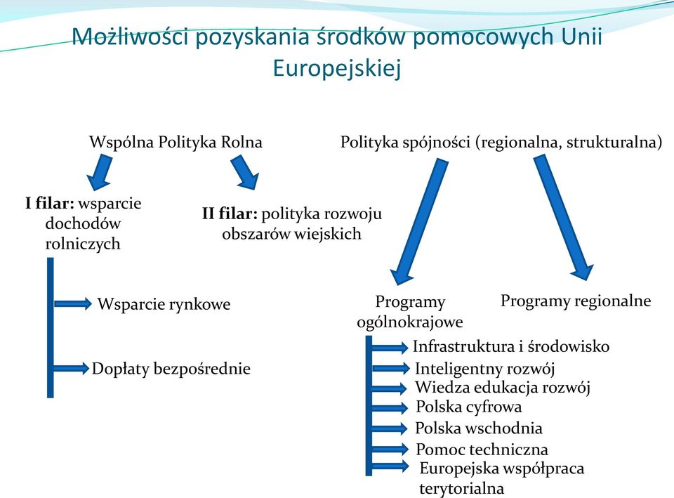 Wsparcie rynkowe Dopłaty bezpośrednie Programy ogólnokrajowe Programy regionalne Infrastruktura i środowisko