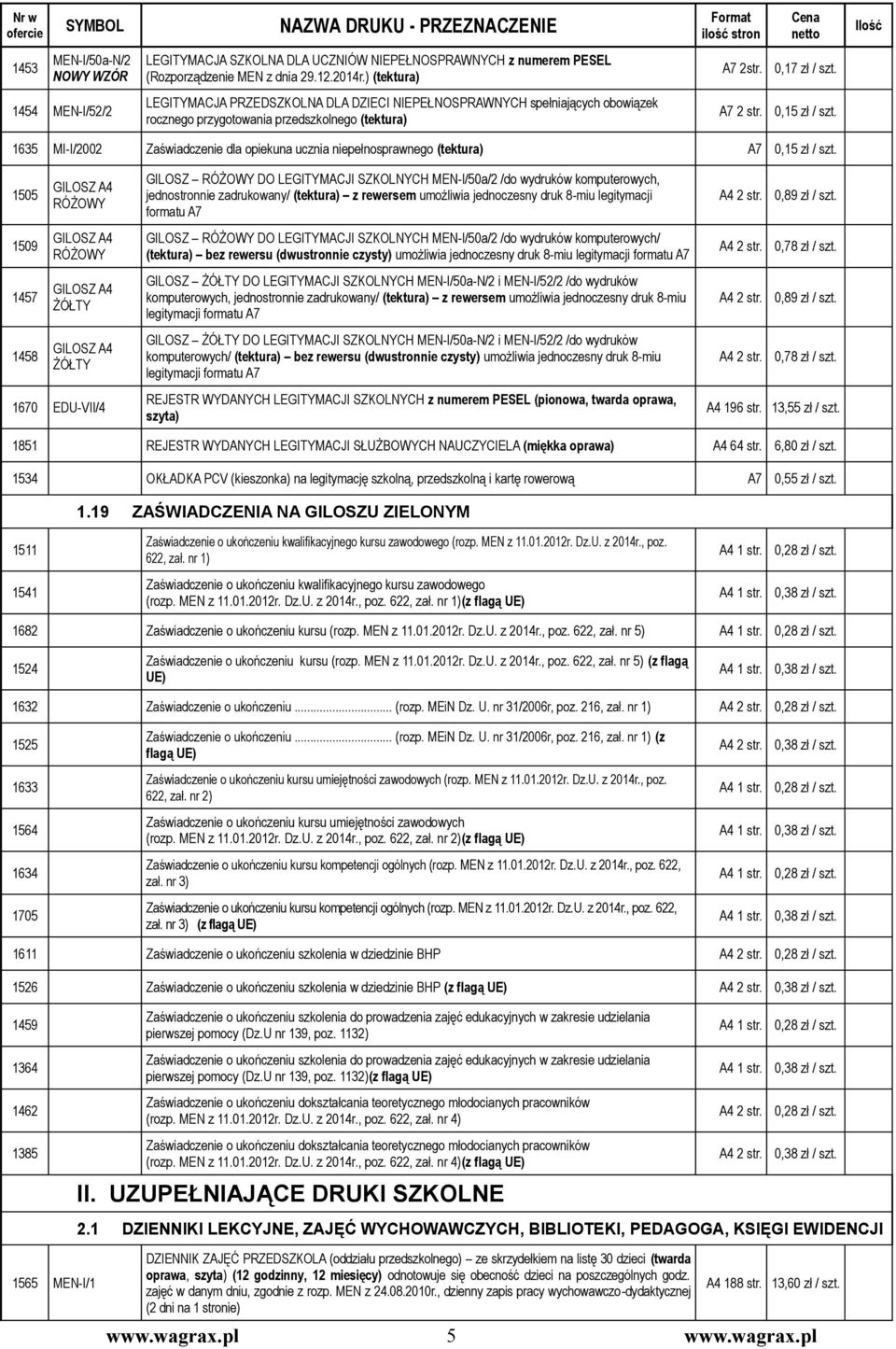 1635 MI-I/2002 Zaświadczenie dla opiekuna ucznia niepełnosprawnego (tektura) A7 0,15 zł / szt.