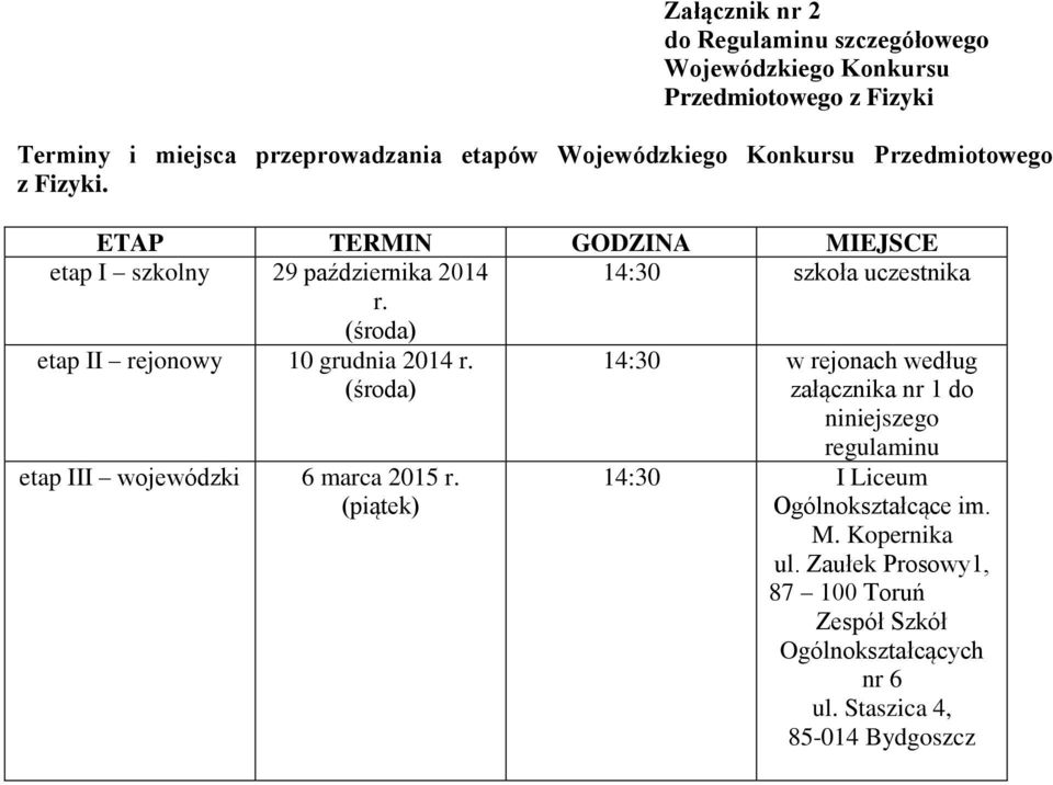 (środa) etap II rejonowy 10 grudnia 2014 r. (środa) 14:30 w rejonach według załącznika nr 1 do niniejszego etap III wojewódzki 6 marca 2015 r.