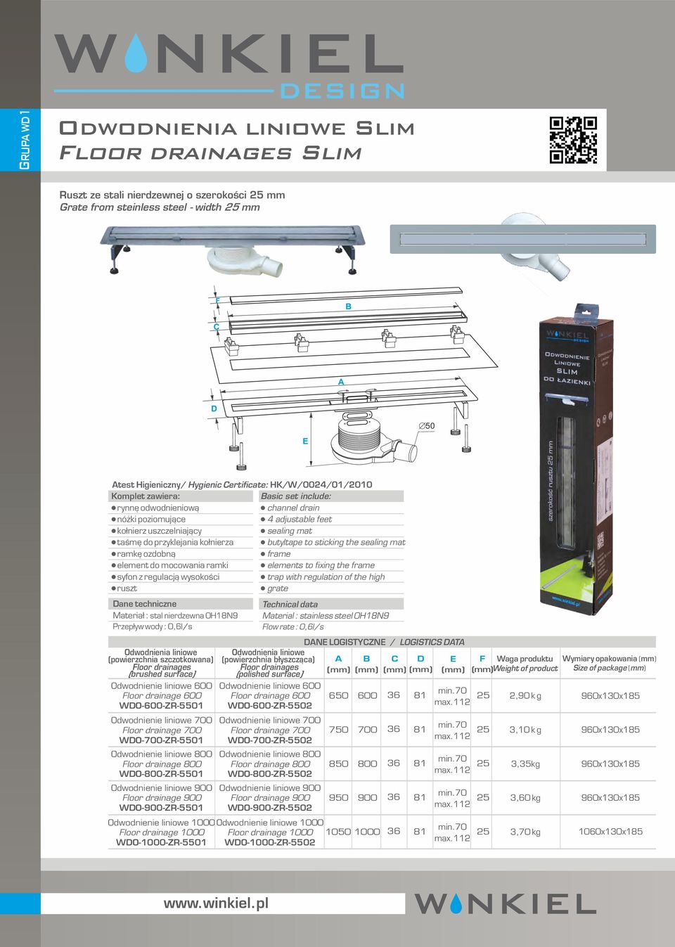 do mocowania ramki elements to fixing the frame syfon z regulacją wysokości trap with regulation of the high ruszt grate ane techniczne Przepływ wody : 0,6l/s (powierzchnia ) (brushed surface)