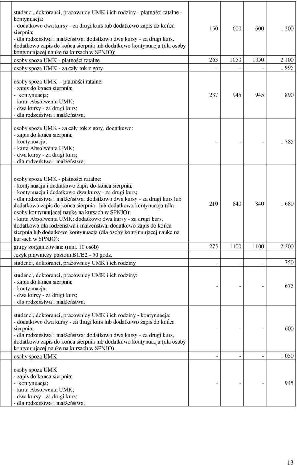 263 050 050 2 00 osoby spoza UMK - za cały rok z góry - - - 995 osoby spoza UMK - za cały rok z góry, dodatkowo: 237 945 945 890 - - - 785 - kontynuacja i dodatkowo zapis do końca sierpnia; -