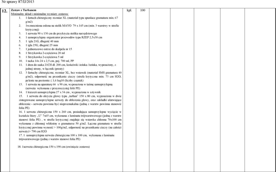 1 jednorazowe ostrze do skalpela nr 15 8. 1 Strzykawka 2-częściowa 20 ml 9. 1 Strzykawka 2-częściowa 5 ml 10. 1 tacka 14x 24 x 2,5 cm, poj. 700 ml, PP 11. 1 dren do ssaka 21CH dł.