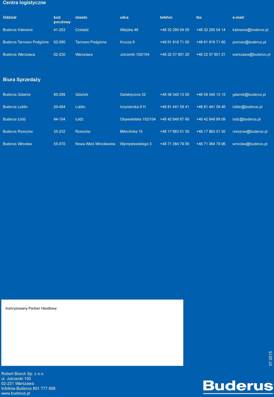 pl Buderus Warszawa 02-230 Warszawa Jutrzenki 102/104 +48 22 57 801 20 +48 22 57 801 21 warszawa@buderus.