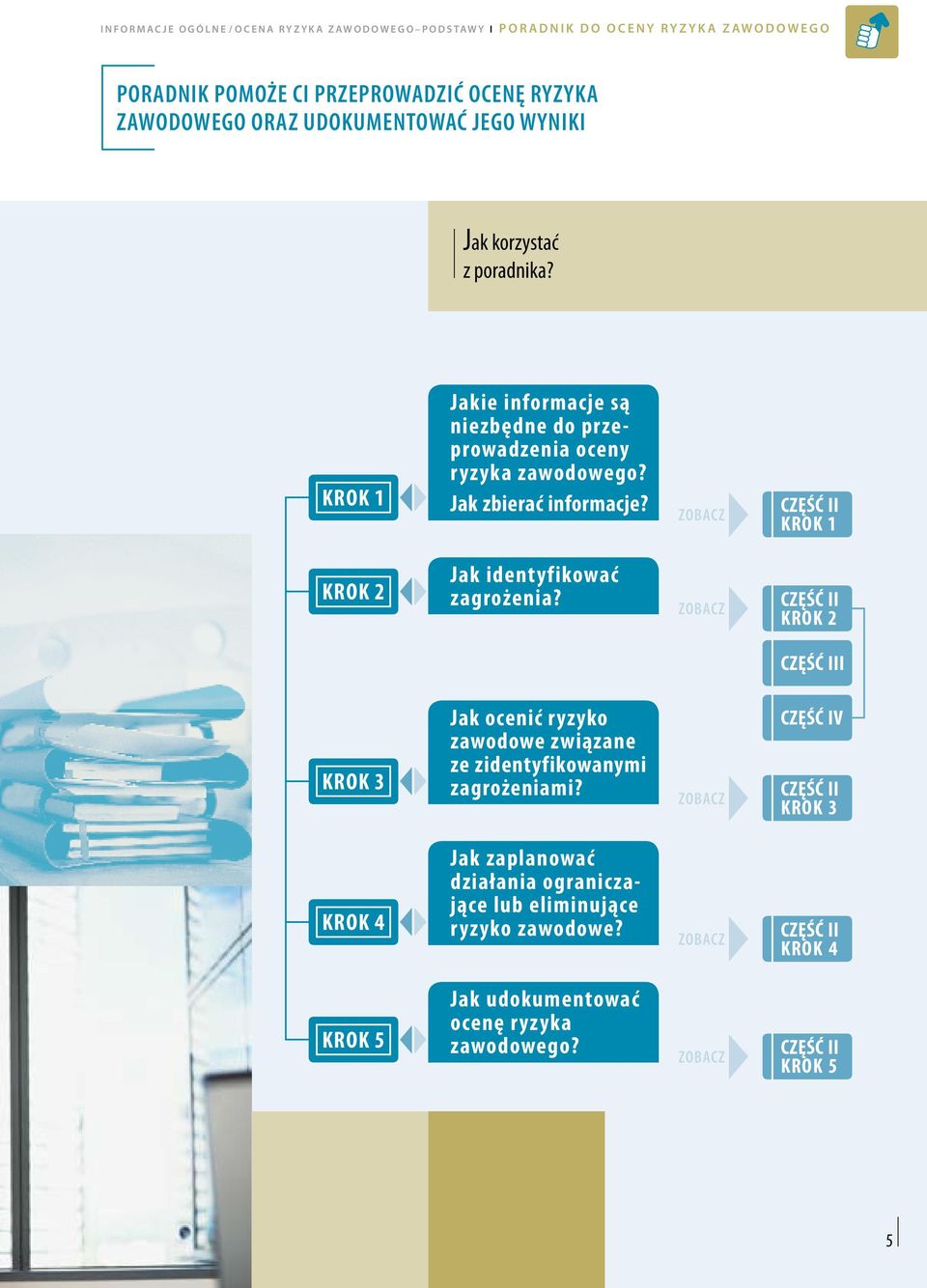 ZOBACZ CZĘŚĆ II KROK 1 KROK 2 Jak identyfikować zagrożenia? ZOBACZ CZĘŚĆ II KROK 2 CZĘŚĆ III KROK 3 Jak ocenić ryzyko zawodowe związane ze zidentyfikowanymi zagrożeniami?