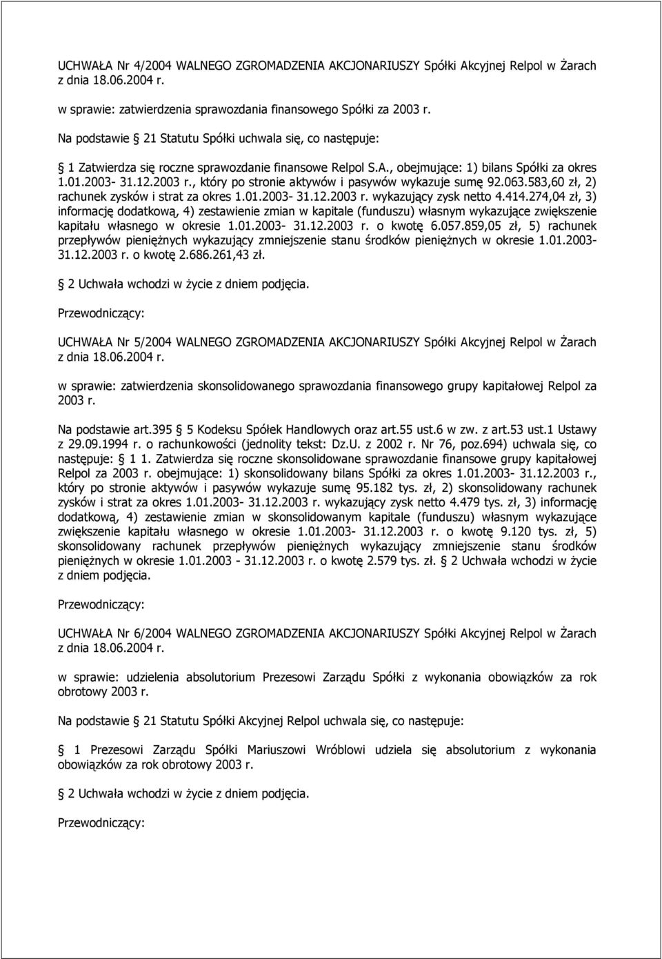 , który po stronie aktywów i pasywów wykazuje sumę 92.063.583,60 zł, 2) rachunek zysków i strat za okres 1.01.2003-31.12.2003 r. wykazujący zysk netto 4.414.