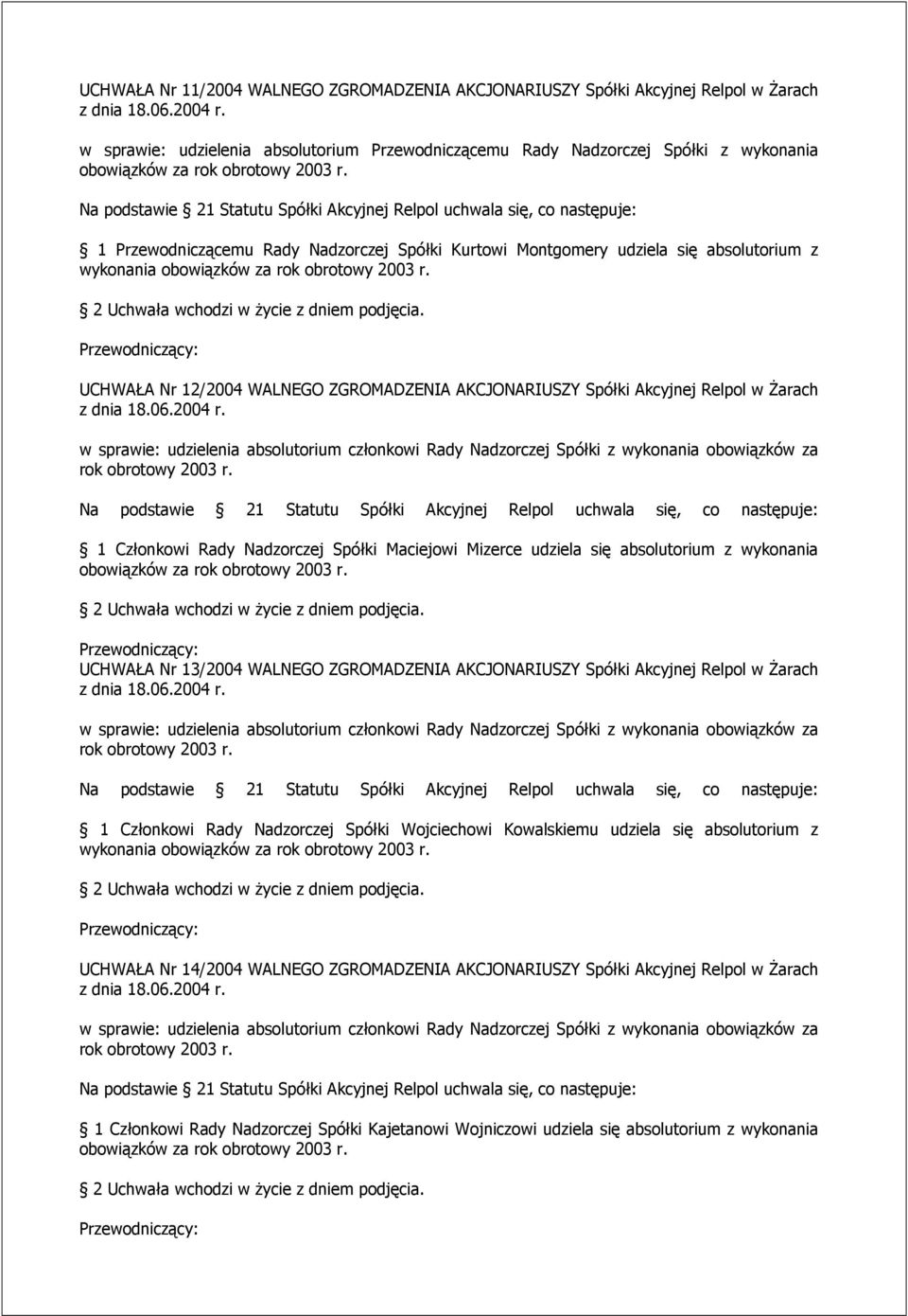 Maciejowi Mizerce udziela się absolutorium z wykonania UCHWAŁA Nr 13/2004 WALNEGO ZGROMADZENIA AKCJONARIUSZY Spółki Akcyjnej Relpol w Żarach 1 Członkowi Rady Nadzorczej Spółki Wojciechowi Kowalskiemu