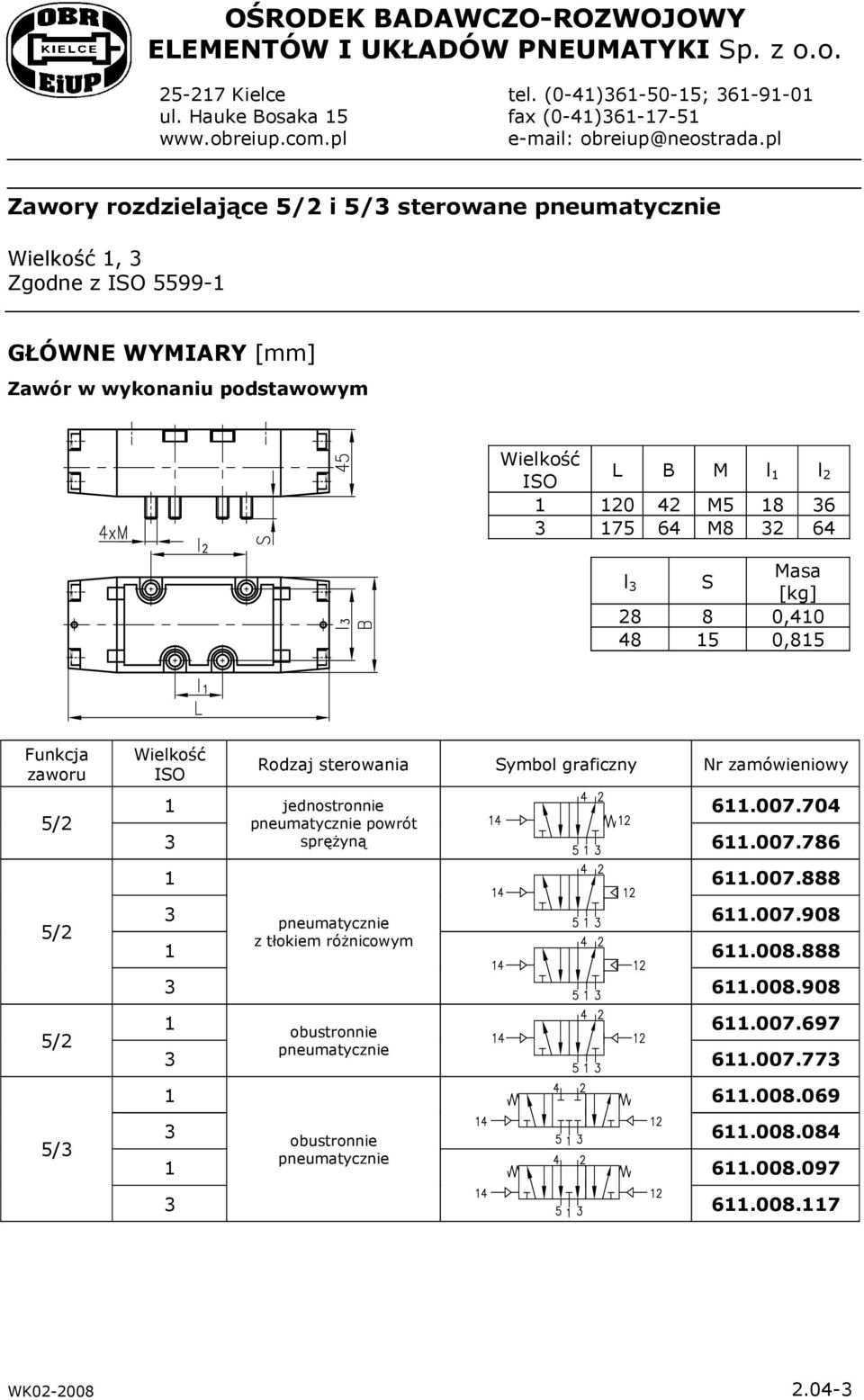 pl Zawory rozdzielające i 5/ sterowane 1, Zgodne z 5599-1 GŁÓWNE WYMIARY [mm] Zawór w wykonaniu podstawowym L B M l 1 l 2 1 120 42 M5 18 6 175 64 M8 2