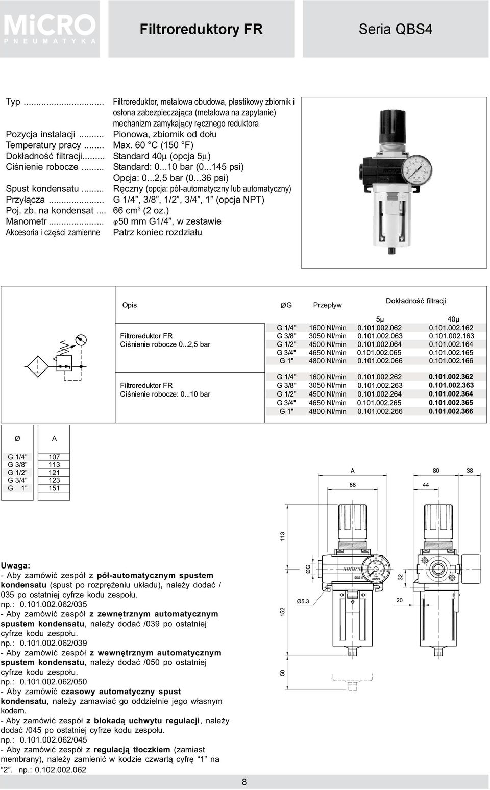 Max. 60 C (150 F) Standard 40µ (opcja 5µ) Standard: 0...10 bar (0...145 psi) Opcja: 0...2,5 bar (0.