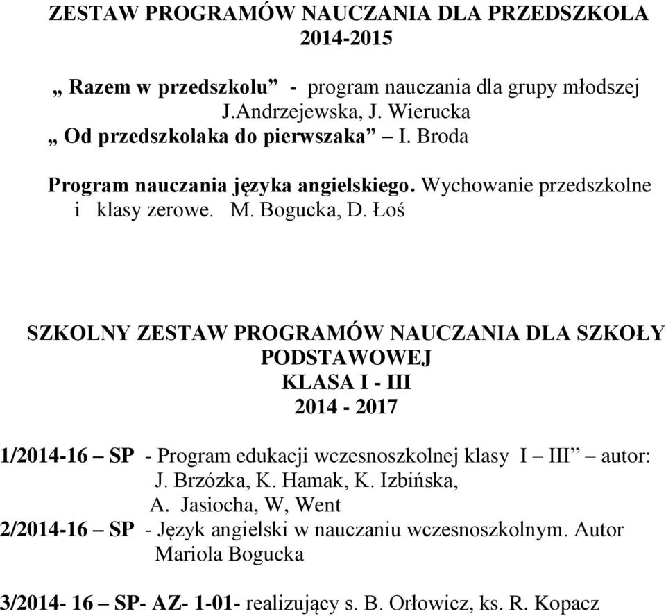 Łoś SZKOLNY ZESTAW PROGRAMÓW NAUCZANIA DLA SZKOŁY PODSTAWOWEJ KLASA I - III 2014-2017 1/2014-16 SP - Program edukacji wczesnoszkolnej klasy I III autor: J.