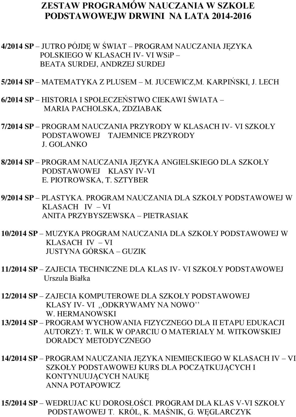 LECH 6/2014 SP HISTORIA I SPOŁECZEŃSTWO CIEKAWI ŚWIATA MARIA PACHOLSKA, ZDZIABAK 7/2014 SP PROGRAM NAUCZANIA PRZYRODY W KLASACH I- SZKOŁY PODSTAWOWEJ TAJEMNICE PRZYRODY J.