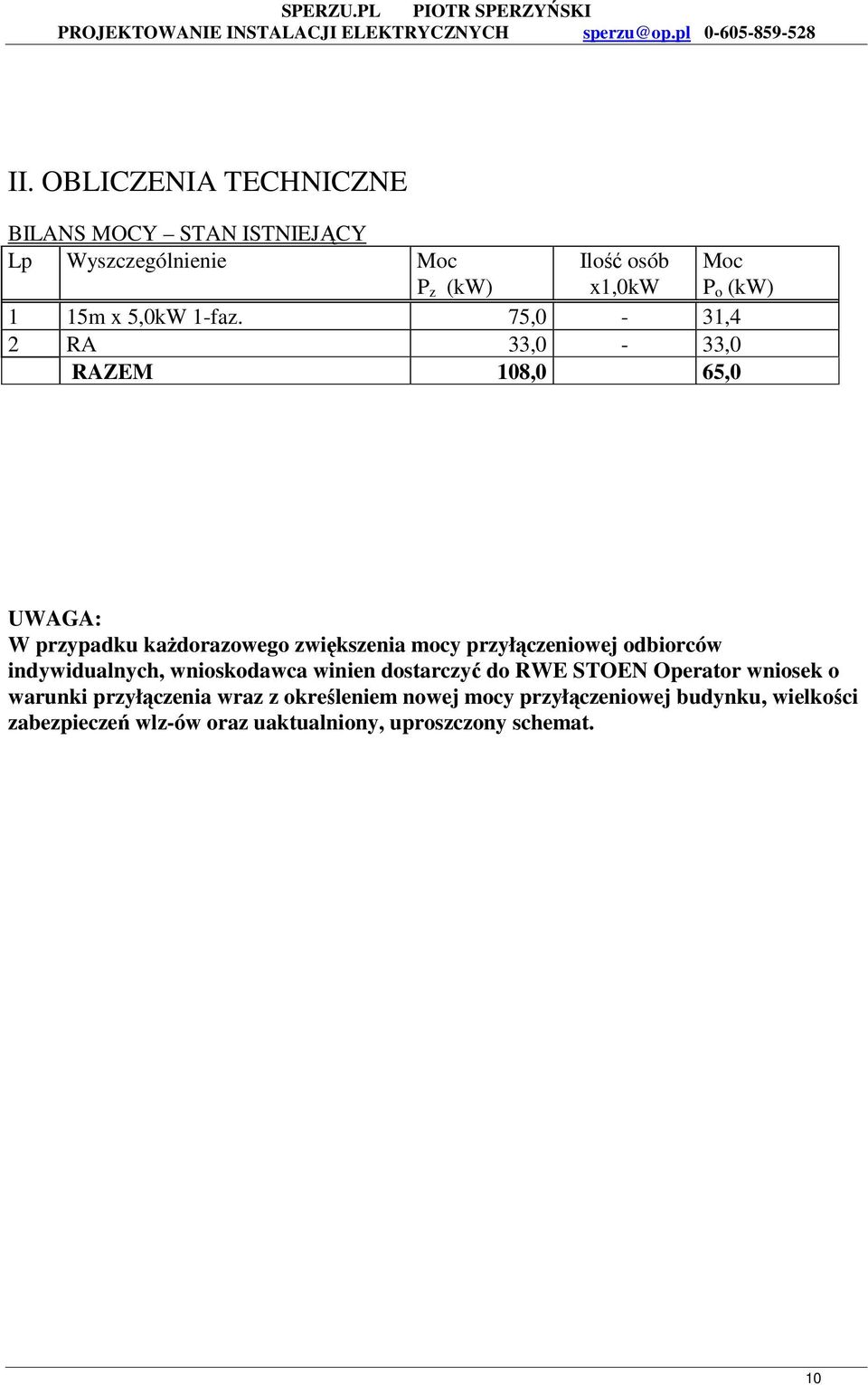 75,0-31,4 2 RA 33,0-33,0 RAZEM 108,0 65,0 Moc P o (kw) UWAGA: W przypadku każdorazowego zwiększenia mocy przyłączeniowej