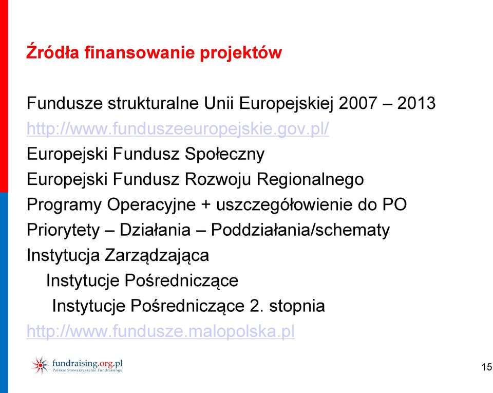 Operacyjne + uszczegółowienie do PO Priorytety Działania Poddziałania/schematy Instytucja