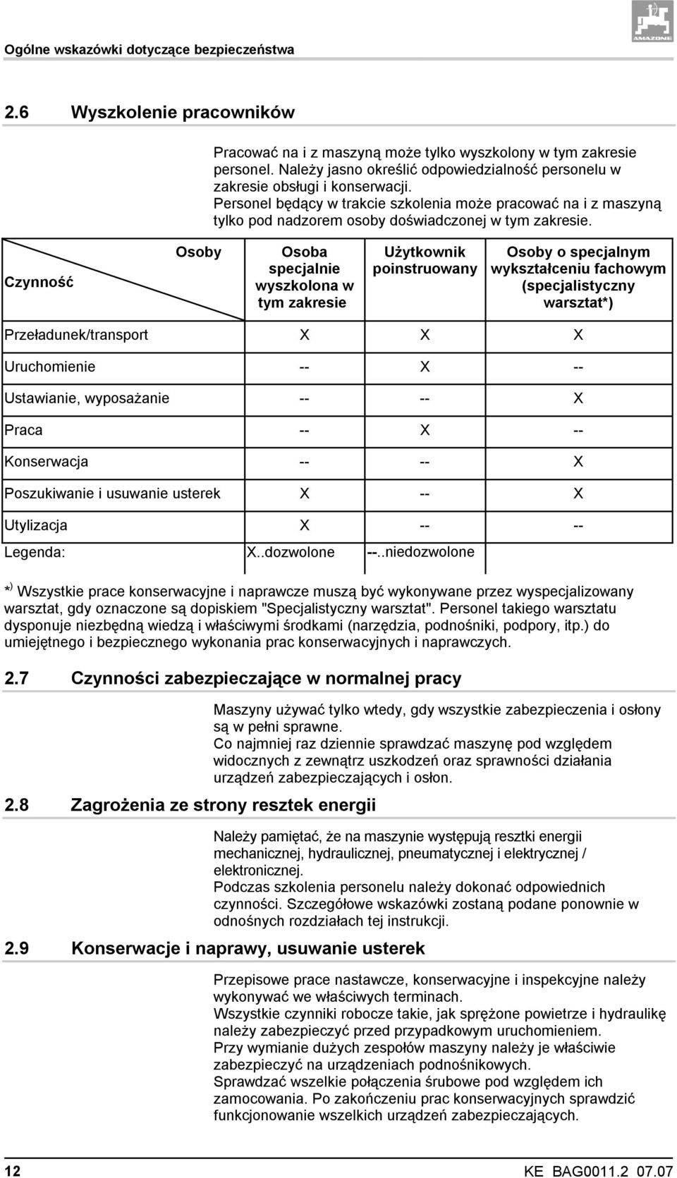 Personel będący w trakcie szkolenia może pracować na i z maszyną tylko pod nadzorem osoby doświadczonej w tym zakresie.