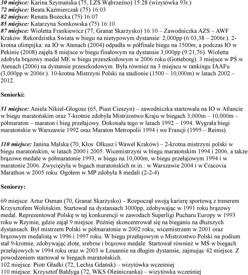 AZS AWF Kraków. Rekordzistka Świata w biegu na nietypowym dystansie: 2,000pp (6:03,38 2006r.).