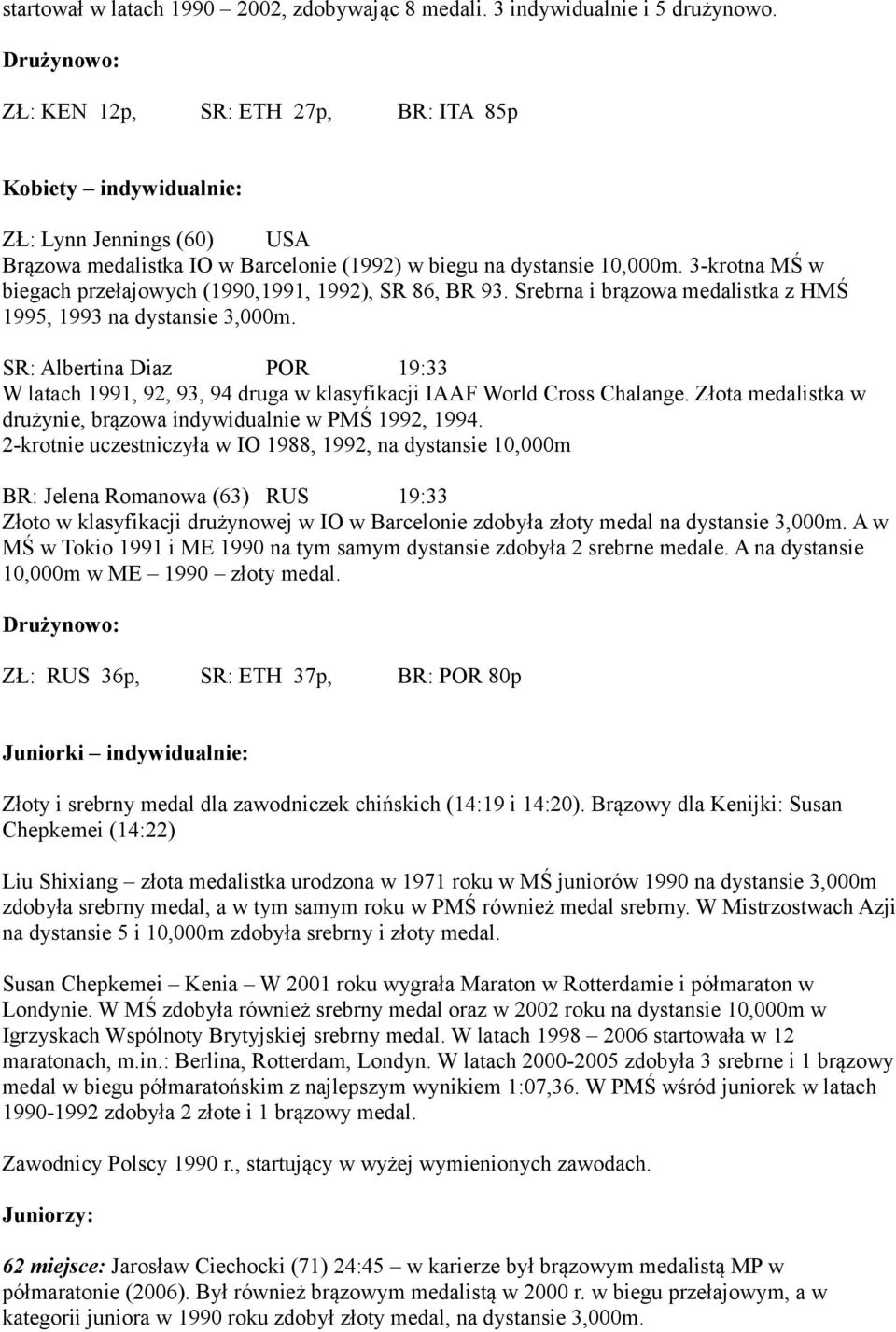 3-krotna MŚ w biegach przełajowych (1990,1991, 1992), SR 86, BR 93. Srebrna i brązowa medalistka z HMŚ 1995, 1993 na dystansie 3,000m.