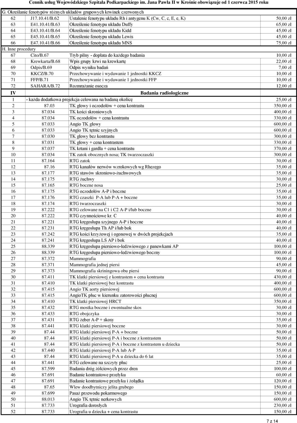 67 Tryb pilny - dopłata do każdego badania 10,00 zł 68 Krewkarta/B.68 Wpis grupy krwi na krewkartę 22,00 zł 69 Odpis/B.69 Odpis wyniku badań 7,00 zł 70 KKCZ/B.