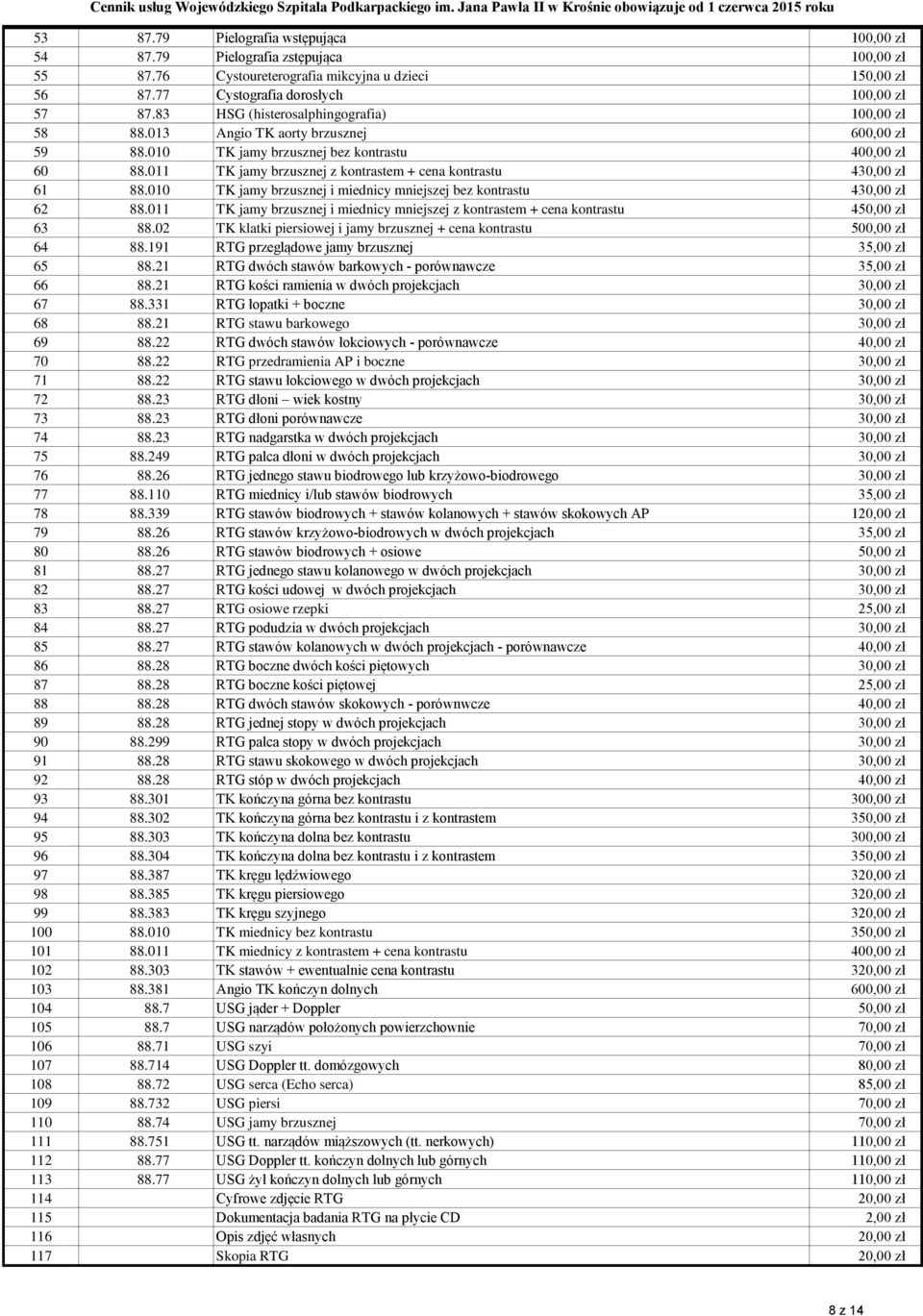 011 TK jamy brzusznej z kontrastem + cena kontrastu 430,00 zł 61 88.010 TK jamy brzusznej i miednicy mniejszej bez kontrastu 430,00 zł 62 88.