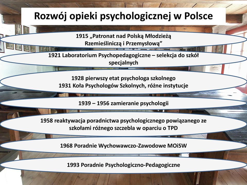 Psychologów Szkolnych, różne instytucje 1939 1956 zamieranie psychologii 1958 reaktywacja poradnictwa psychologicznego
